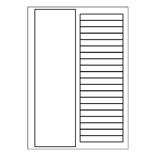 Hoja blanca con 20 etiquetas adhesivas rectangulares y una columna blanca