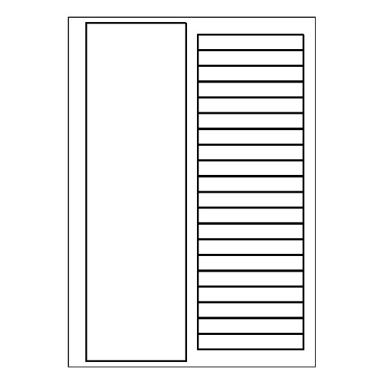 Hoja blanca con 20 etiquetas adhesivas rectangulares y una columna blanca