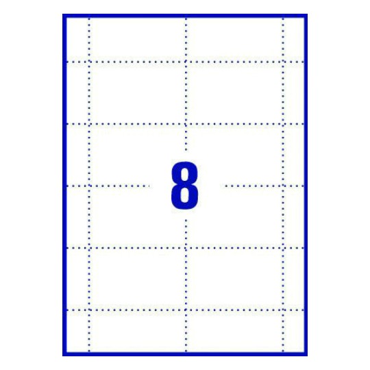 Hoja blanca con 8 etiquetas adhesivas rectangulares 86x55mm para distintivos