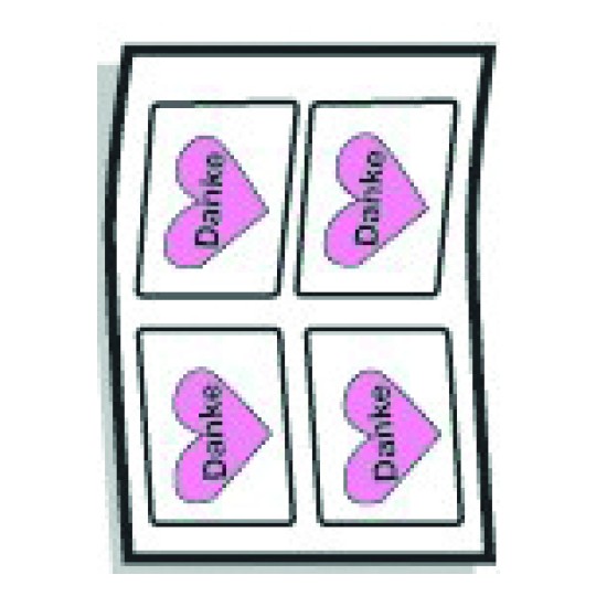 hoja blanca con 4 etiquetas adhesivas ovaladas con corazon violeta