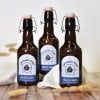 3 botellas de cerveza de cristal con etiquetas adhesivas en forma de arco que indican el contenido