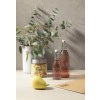 La imagen muestra una composición con una planta de eucalipto, dos botellas con líquido, un frasco con pasta, una pera y un sobre en una mesa.