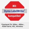 La imagen muestra un aviso de compatibilidad con Dymo LabelWriter, incluyendo modelos específicos.